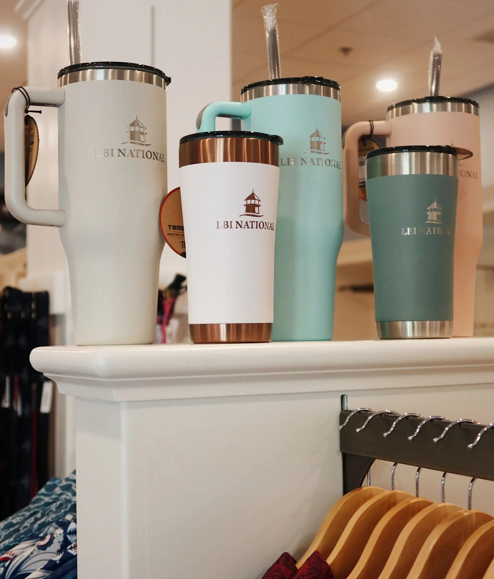 LBI National branded tumblers displayed on a retail shelf